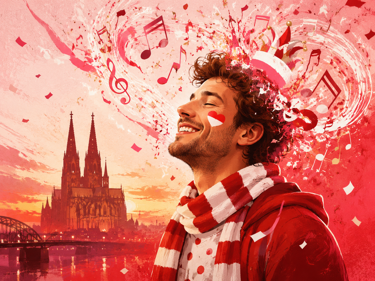 KI-generierte Illustration eines feiernden Mannes vor dem Kölner Dom, umgeben von Konfetti und Musiknoten.